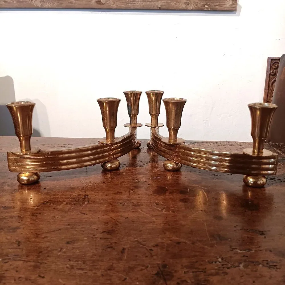 Pair of Vintage Dirilyte Model 915 Curved Brass Candelabras Art Deco MCM Gold